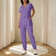 thumbnail image 2 of Womens Scrub Sets with Pockets Short Sleeve V-Neck Women' Button Casual Solid Color Fashion Blouses Foot Binding Pants Sets, 2 of 7