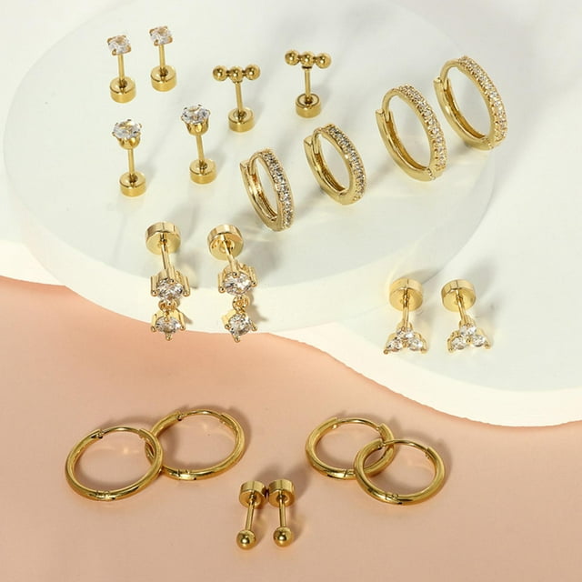 Juego De 10 Pares De Pendientes Para Múltiples Perforaciones Para Regalos De Aniversario Y Compromiso, Dorados. Oro