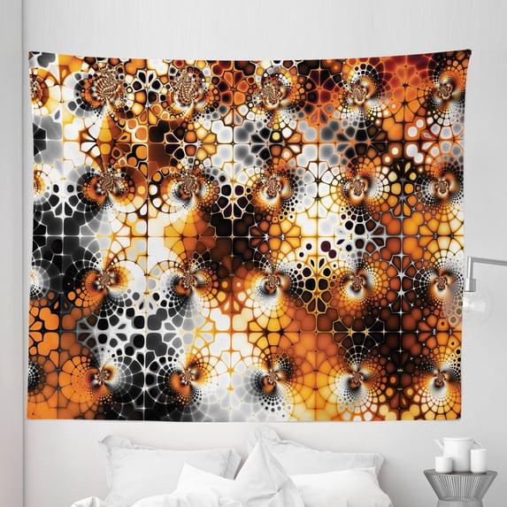 Abstract Art Tapestry, Vintage Mosaic Pattern with Burnt Floral Curve Feature Abstract Graphic, Fabric Wall Hanging Decor for Bedroom Living Room Dorm, 5 Sizes, Black Orange Grey, by Ambesonne