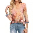 thumbnail image 3 of Women's 3/4 Sleeve Summer Tops Casual Round Neck Tshirts Vintage Floral Print Blouse Three Quarter Length Sleeve Tops Plus Size Clothes for Women, 3 of 6