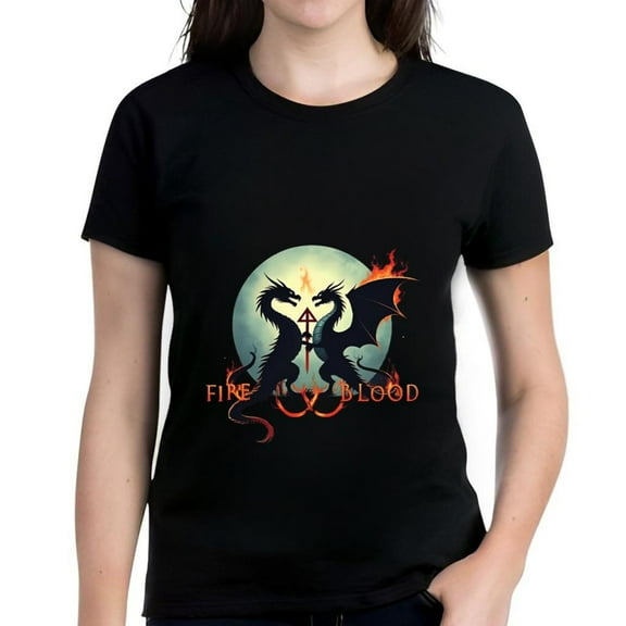 Women's Cotton Short Sleeve T-Shirt with Fiery Dragon Graphic Design Moon Background and Bold ' FIRE BLOOD ' Text