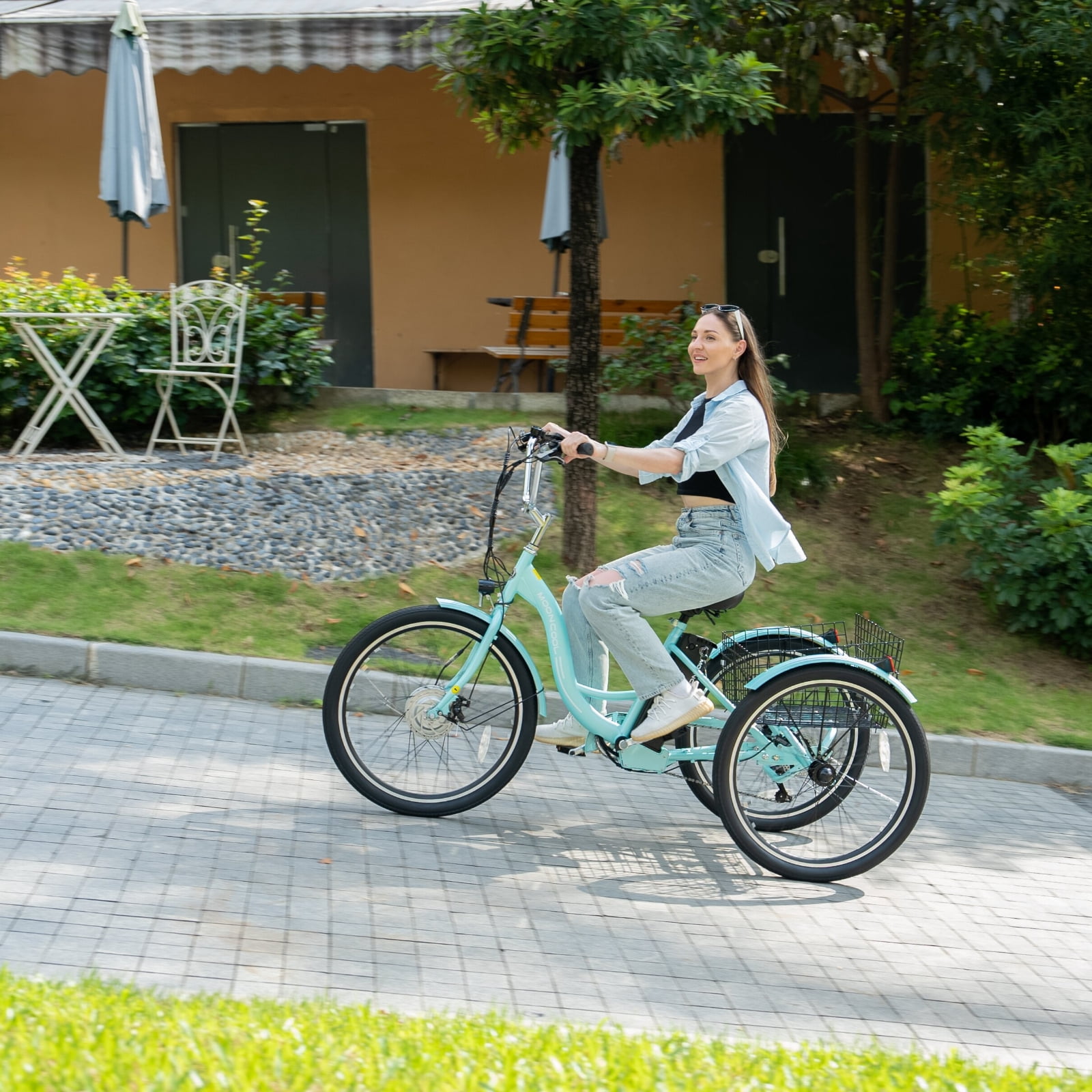Lilypelle Electric Tricycle for Adults, 350W 36V Electric Trike Motorized Three Wheel Electric Bicycle, 7 Speeds 3 Wheels Adult Electric Tricycle with Large Basket,Cyan