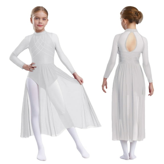 Doomiva Kids Girls Long Sleeve Lyrical Dance Dress Contemporary Dance Dress Flowy Sheer Mesh Maxi Skirted Leotard White 14