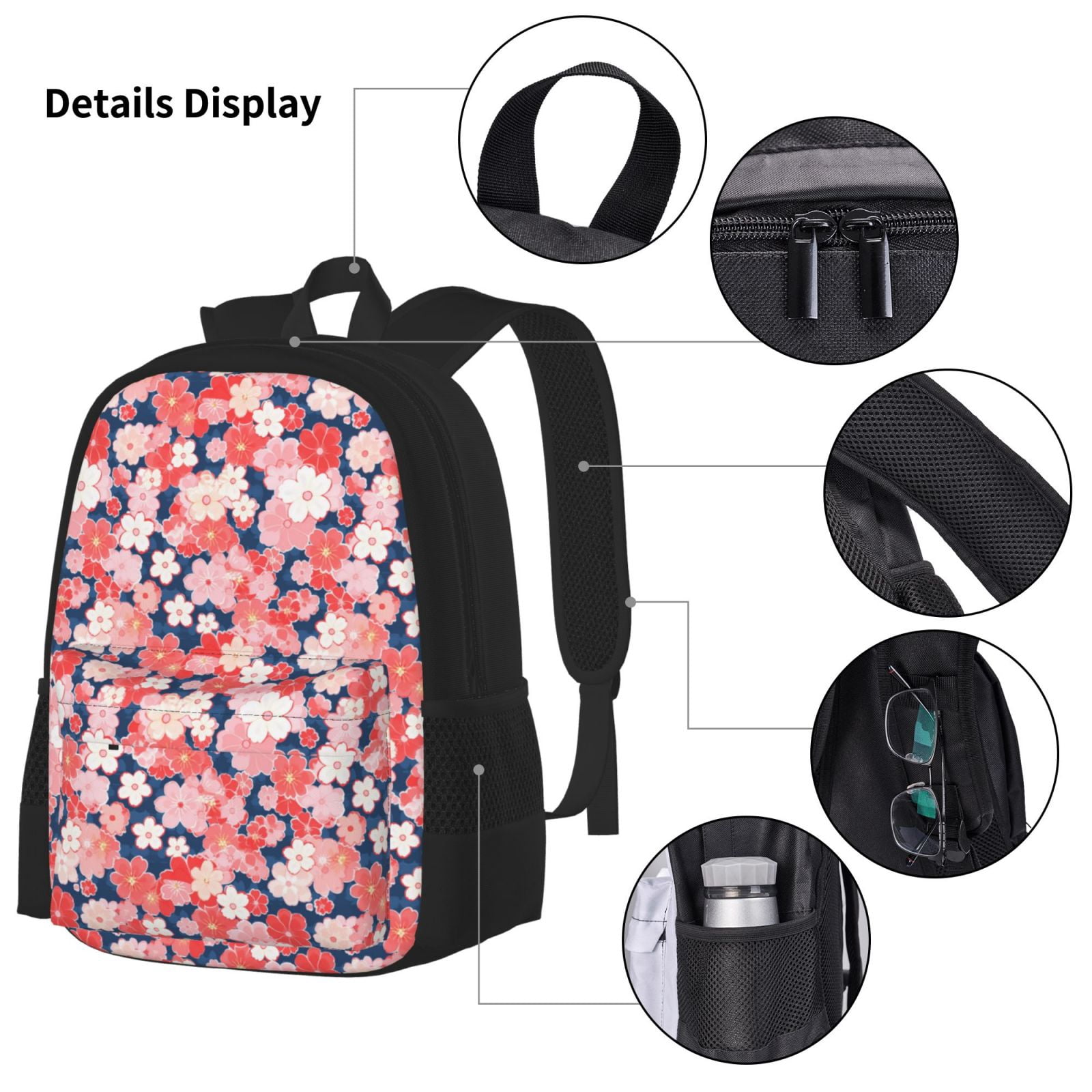Naloa Japanese Cherry Blossoms Print Large Capacity Backpack Lunch Bag Pencil Case Combination 3 Piece Set for Student