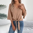 thumbnail image 2 of MaFYtyTPR Women's V-Neck 3/4 Sleeve Blouse Fashion Solid Color Tie Front Burtton Loose Fit Casual Summer Tops A-Khaki XL, 2 of 5