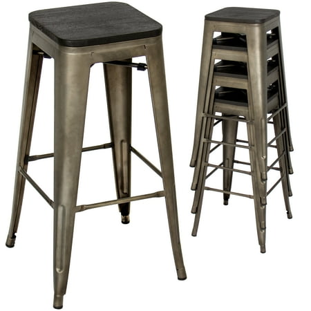 Backless Industrial Stool High Base (Best Choice Products Set of 4 30in Distressed Industrial Stackable Backless Steel Bar Stools w/ Wood Seats, Rubber Cap Feet -)