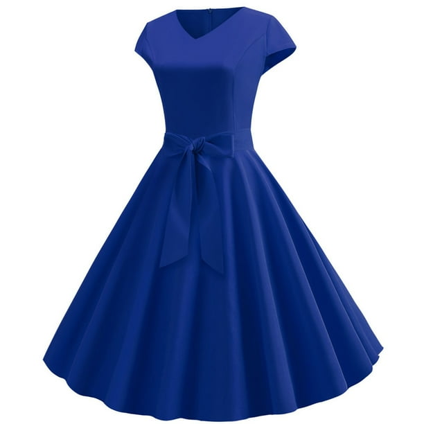 Blue Dresses Vintage V Neck Short Sleeve Solid Color Casual Dress Cocktail  Evening Dress Formal Dresses for Women - Walmart Business Supplies