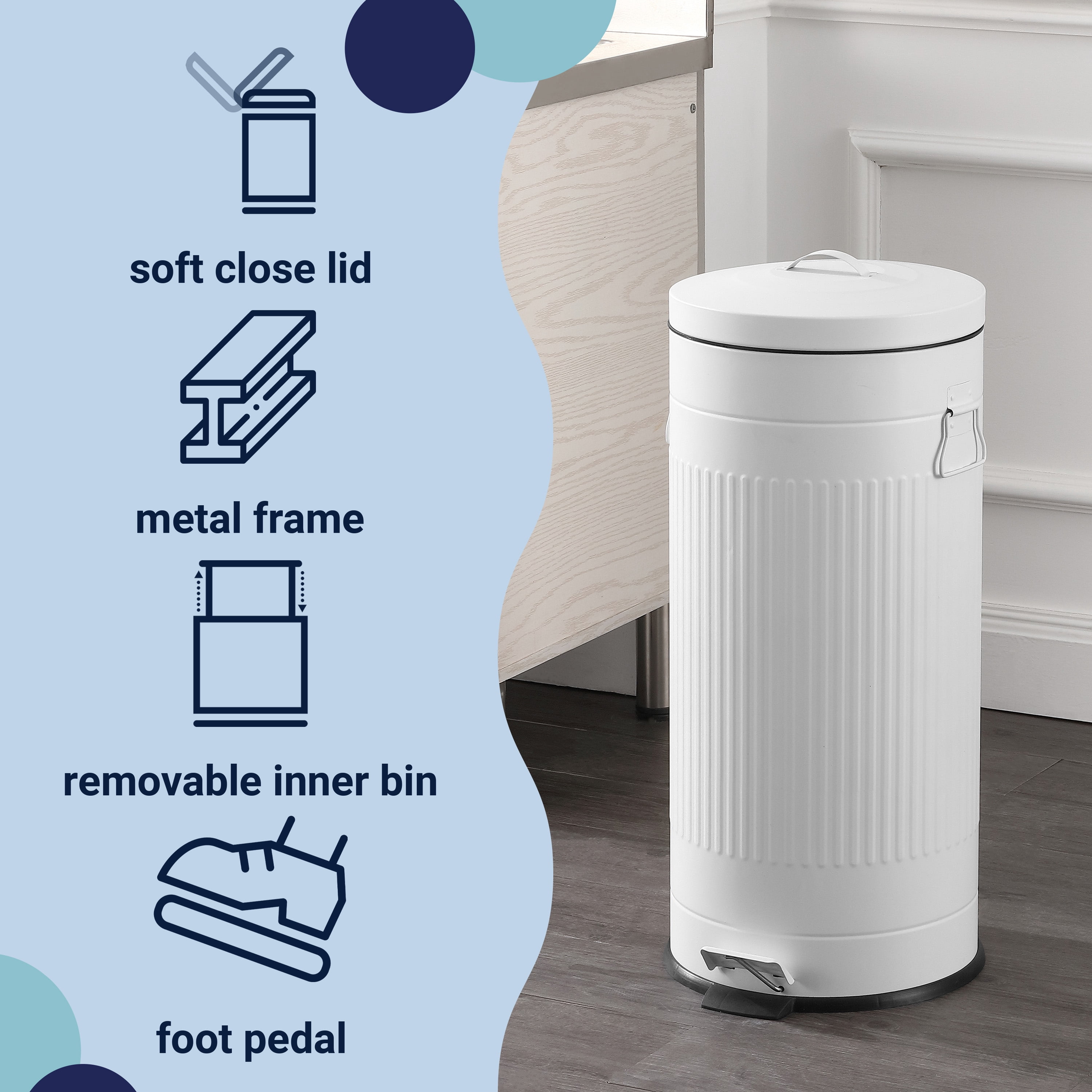 happimess Theo Retro 8-Gallon Step Trash Can with Soft-Close Lid and FREE Mini Trash Can, Cotton White, HPM1018A