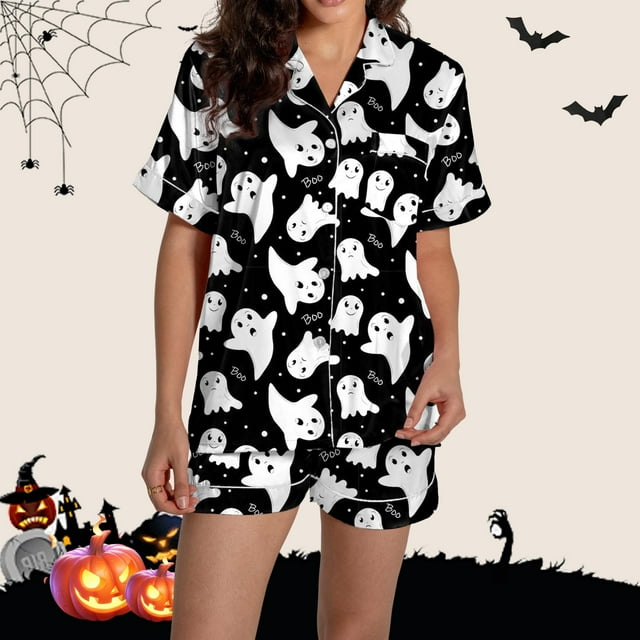 Pyjama pour Femmes en Satin Imprimé Graphique, Mignon, Tenue de Nuit, Boutons, Hauts à Manches Courtes, Ensembles de Shorts