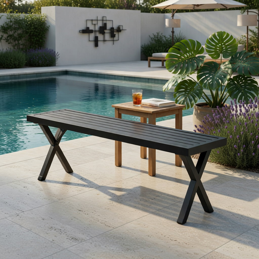 Hommoo Heavy-Duty Metal Patio Bench with Slatted Seat & X-Frame Design, 54" Outdoor Bench for Backyard, Garden, Entryway, Black