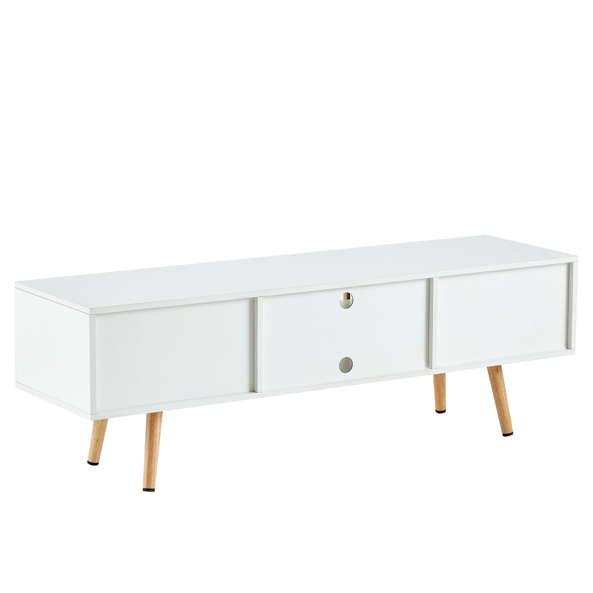 Leumius Modern Coffee Table with Storage,55 Inch Rectangle Wooden Accent Center Tables with Sliding PE Rattan Woven Door Panel and Solid Wood Legs, Suitable for Living Room, Apartment,White