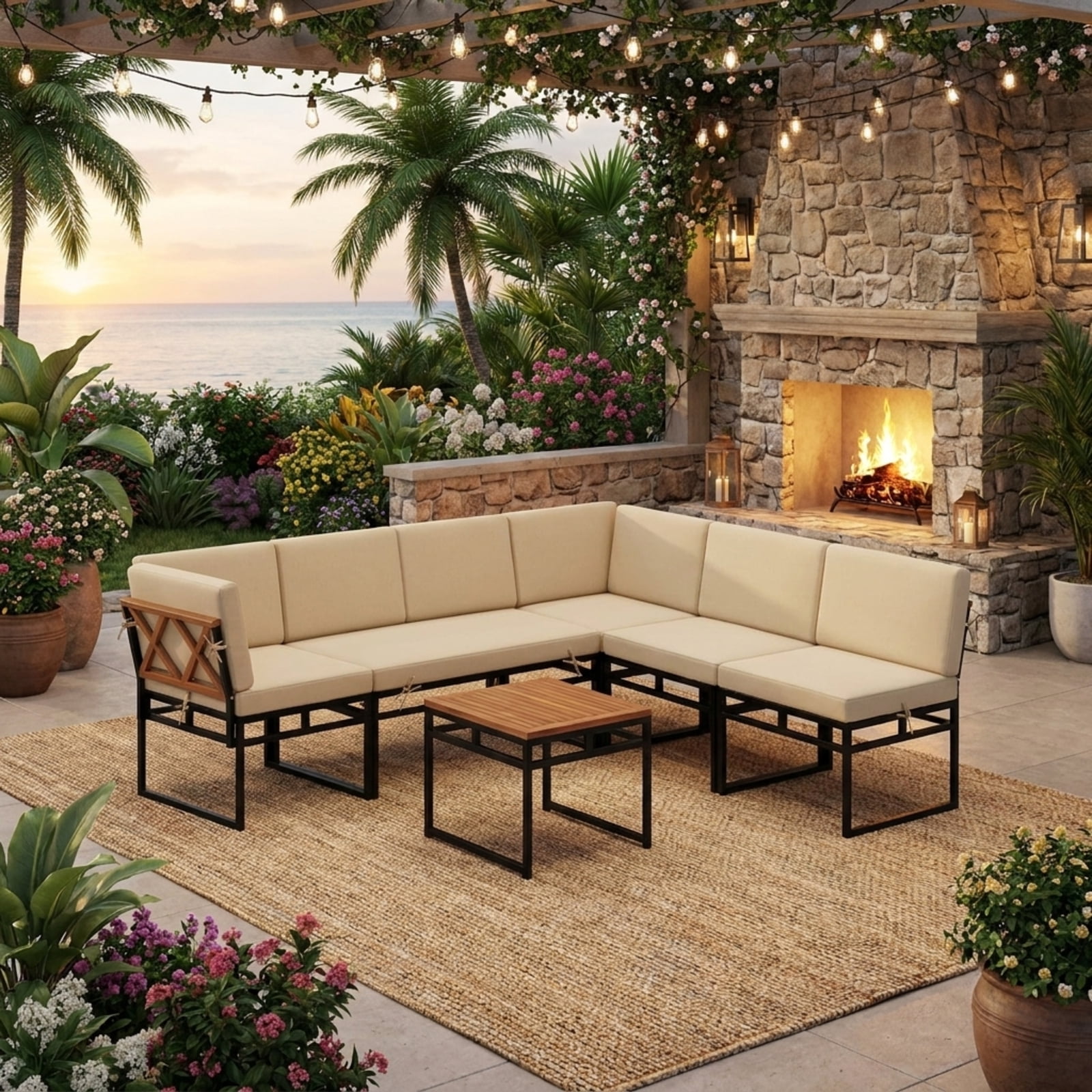 Furnibear 6 Piece Outdoor Sectional Sofa Set Metal Acacia Wood Patio Conversation Set with Cushions and Coffee Table for Backyard Garden, Beige