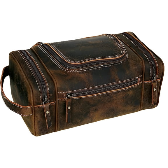 RUZIOON Genuine Leather Toiletry Bag for Men - Extra Large Leather Men's Toiletry Bag for Traveling Hanging, Real Leather Dopp Kit for Men Leather Shaving Bag for Travel