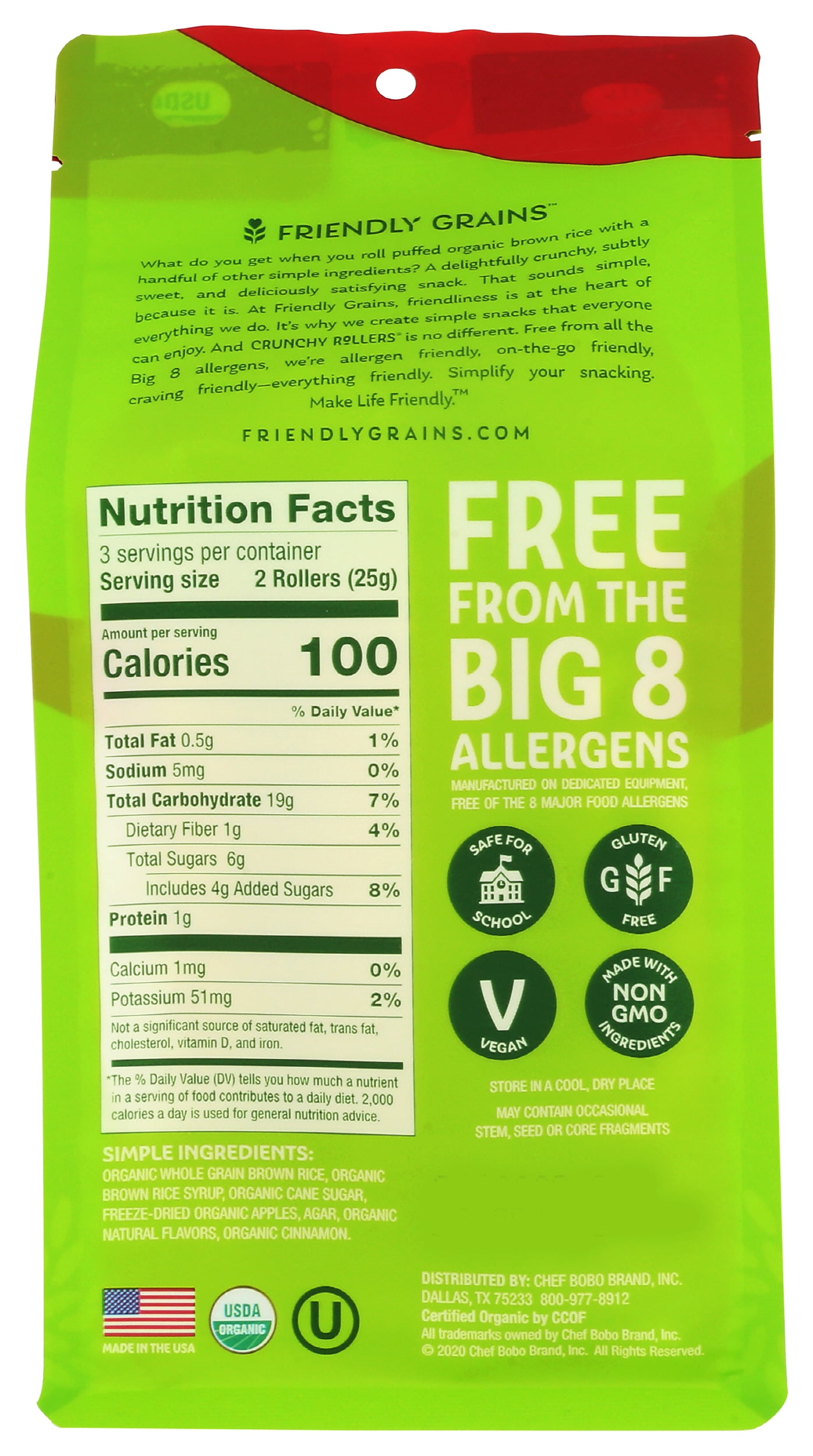 Pack of 8, Friendly Grains Apple Cinnamon Crunchy Rollers, 2.6 oz