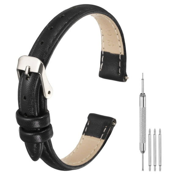 Uxcell Leather Watch Bands for Men and Women, 12mm Quick Release Watch Strap Replacement, Flat Thin Elegant Leather Watch Strap with Strap Tools, Black