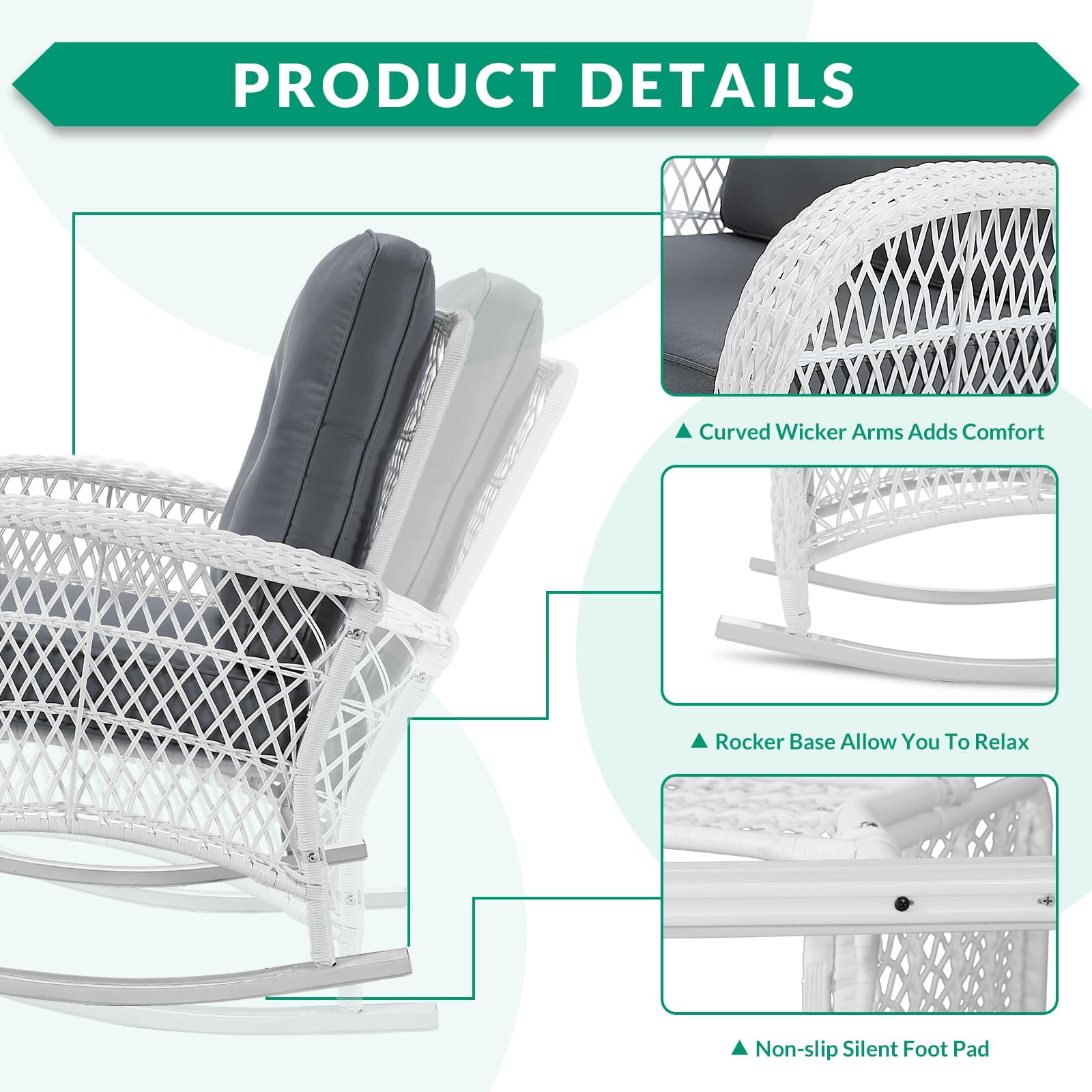 VIVIJASON 3-Piece Outdoor Conversation Bistro Set, Patio Wicker Rocking Chairs Rattan Furniture Sets w/ 2 Rattan Chairs, Cushions, Glass Top Side Table for Garden Porch Backyard (White Wicker/Grey)