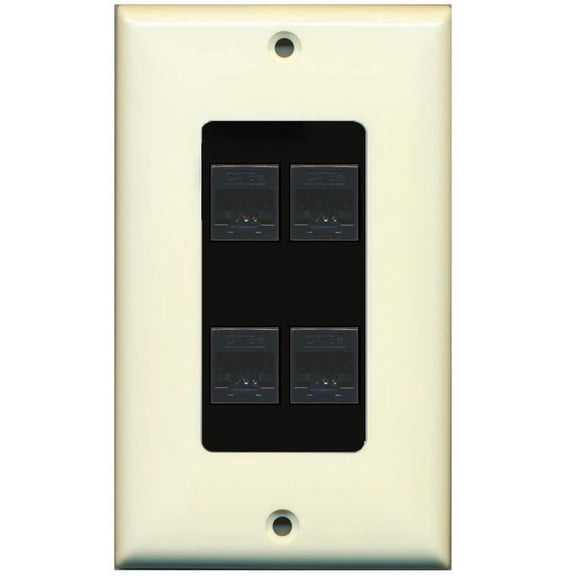 RiteAV Decorative 1 Gang 4 Port Cat5e Wall Plate - Light Almond/Black