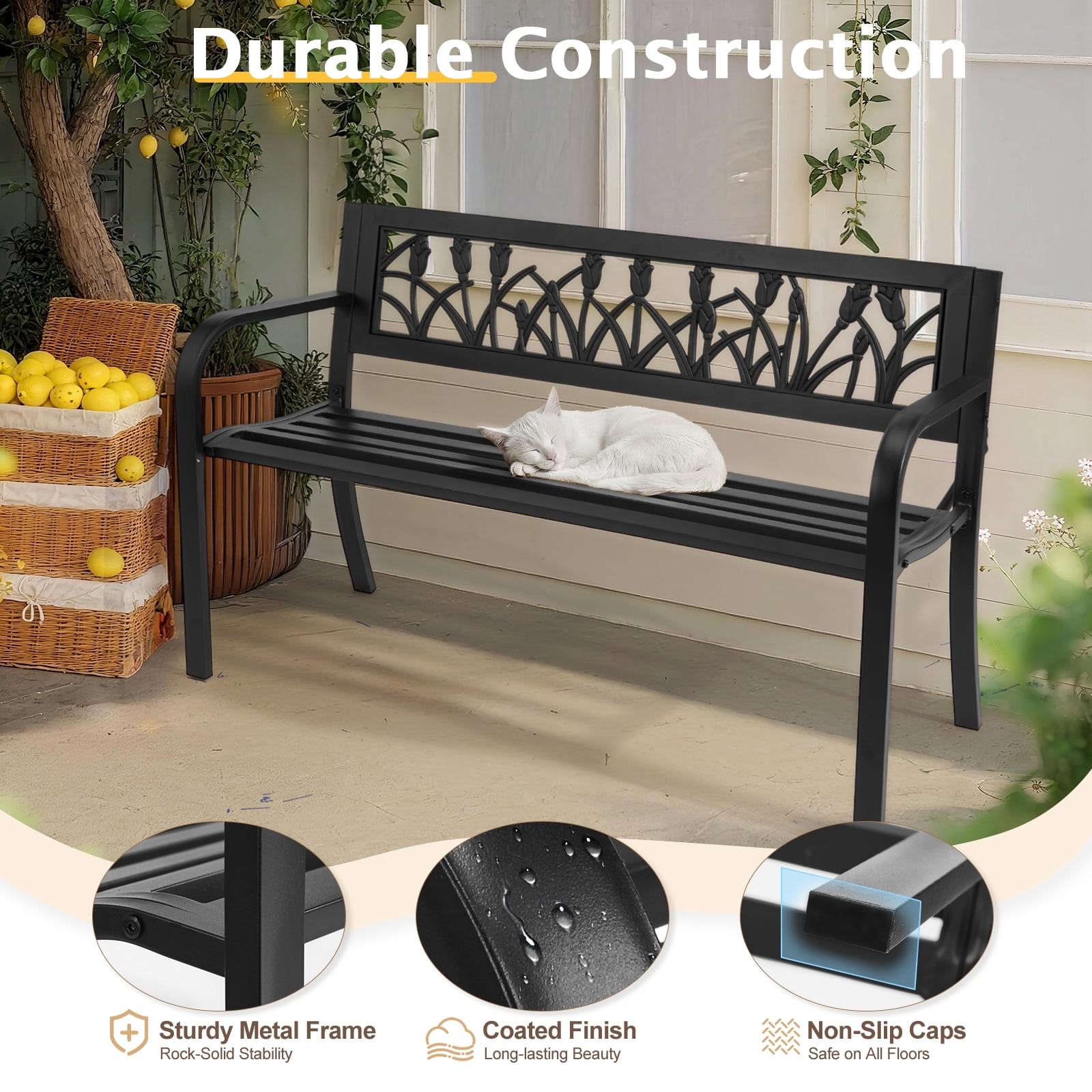 49in PVC Tulip Backrest Iron Bench, Black