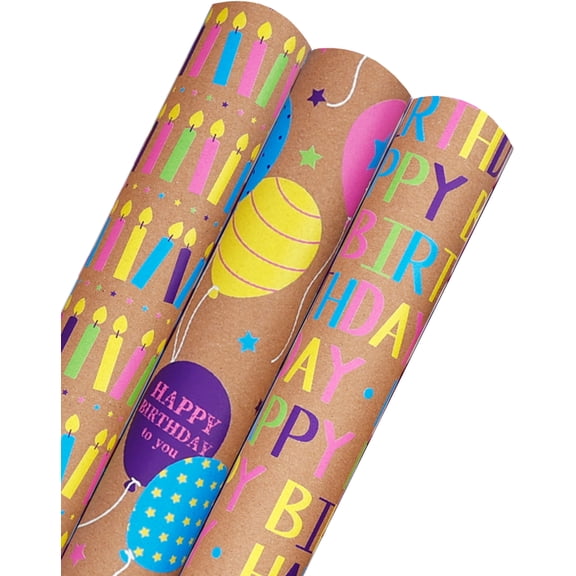 Kraft Birthday Wrapping Paper, Vintage Brown Gift Wrap Paper with Colorful Balloons Candles Happy Birthday for Party - 3 Rolls, 17 inch X 120 inch Each