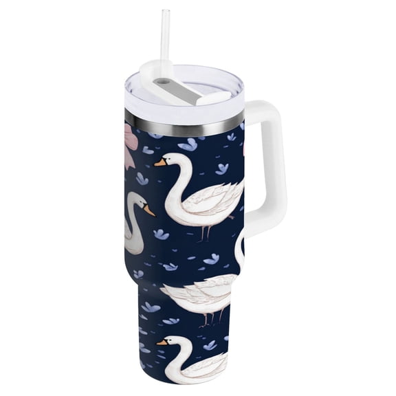 Stainless Steel Tumbler with Straw and Handle, Double Wall Insulated Tumblers, Swans and Pink Bows