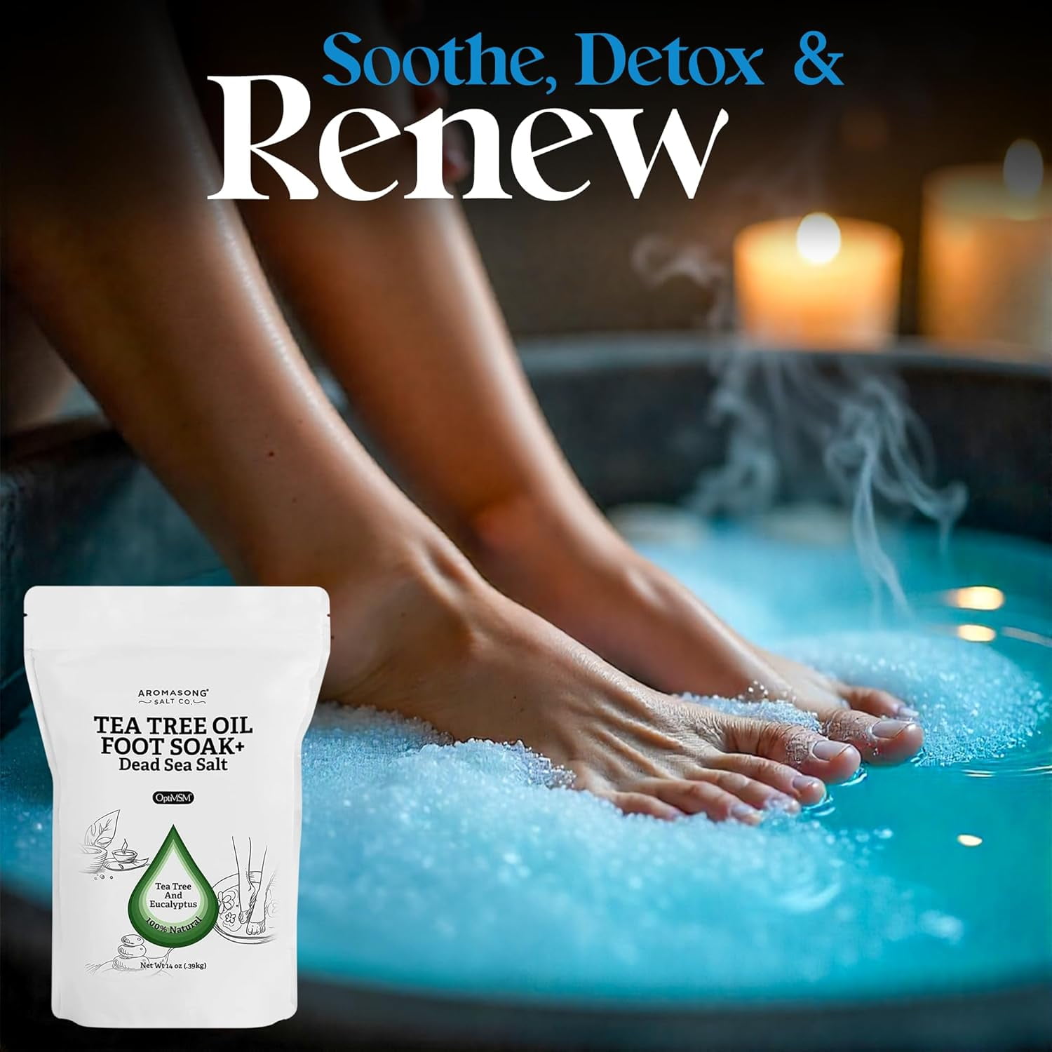 Aromasong Tea Tree Foot Soak with Dead Sea Foot Soaking Salts - Pedicure Soak for Dry Cracked Feet - Athlete's Callus Remover Soothes Sore Feet - Eliminates Odor - Made In USA -14 oz
