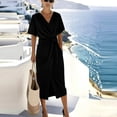 thumbnail image 6 of QUNYINEY Vacation Womens Dress Black Summer Long Short Sleeve Wrap Dress with Pockets Slit Casual V Neck Loose Fit Dresses, 6 of 6