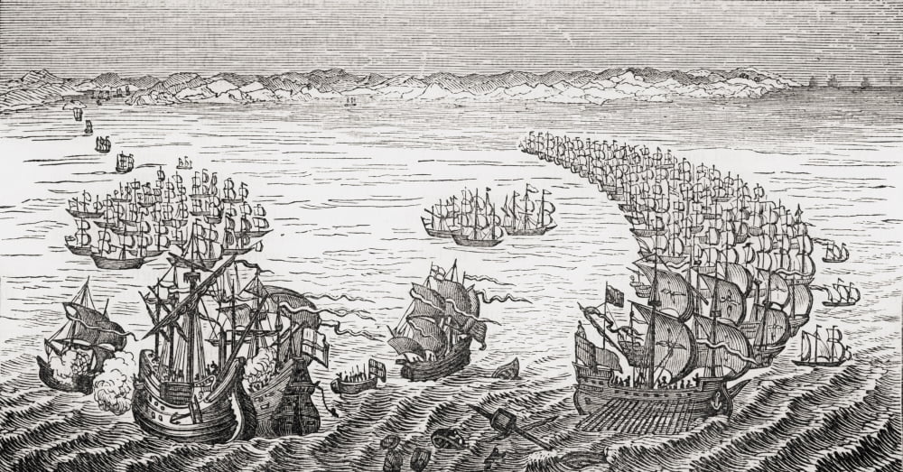 The English Fleet Commanded By Sir Francis Drake Attacking The Spanish Armada 1588 From Old Englands Worthies By Lord Brougham And Others Published London Circa 1880s Canvas Art - Ken Welsh Design Pi