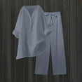 thumbnail image 2 of qolati Two Piece Sets for Women Solid 2 Piece Outfits Cotton Linen Oversized Button Down V Neck Long Sleeve Shirts High Waist Drawstring Wide Legs Pants Lounge Sets, 2 of 9