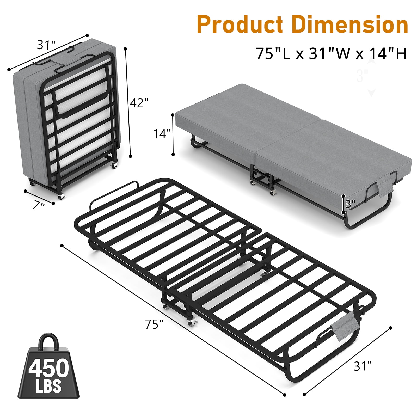 Mintazer 75"X31" Foldable Folding Guest Bed with 3" Memory Foam Mattress, Heavy-Duty Metal Frame Portable Cot with Lockable Wheels for Guests Office Camping