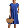 thumbnail image 2 of Xioeram Summer Women Dress Round Neck A-line Pleated Short Sleeve Pure Color Knee Length Loose Hem Side Pockets Casual Daily Vacation Beach Mini Dress, 2 of 8