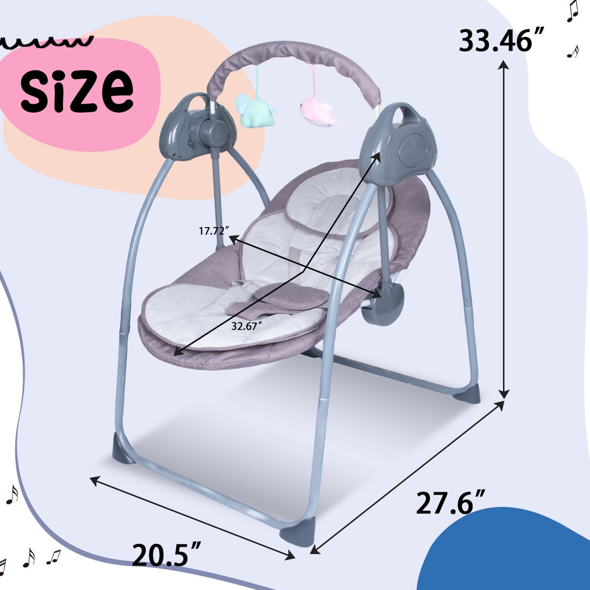 HAOUUCYIN Electric Baby Swing, Portable Infant Bouncer Cradle with bluetooth Music and Remote Control, Gray