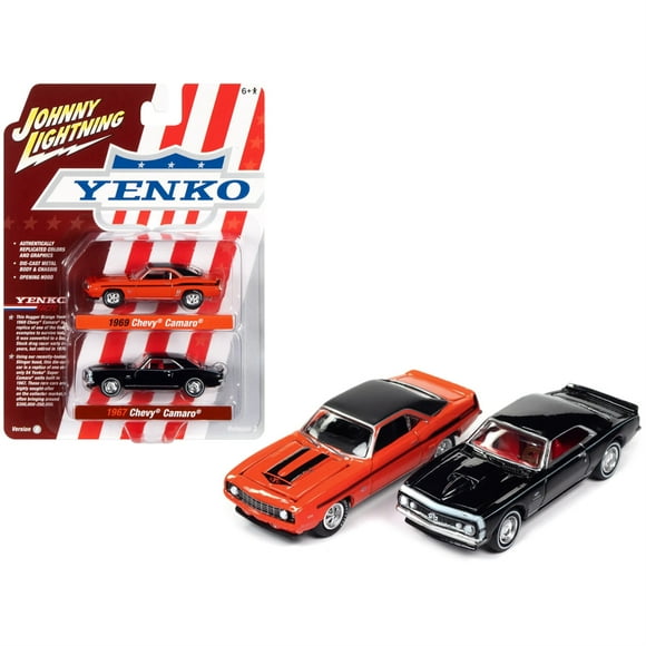 1969 Chevrolet Camaro Hugger Orange with Black Top and Stripes and 1967 Chevrolet Camaro Black with White Stripe and Red Interior "Yenko" Series Set of 2 Cars 1/64 Diecast Model Cars by Johnny Lightni