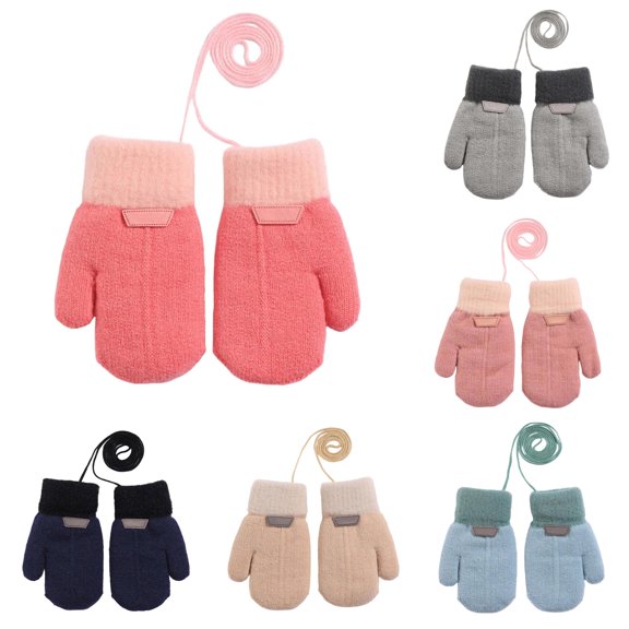 GPOECD Baby Mittens Double Layer Thermal Knitted with Detachable Lanyard Warm Winter Gloves for Boys and Girls Outdoor Activities