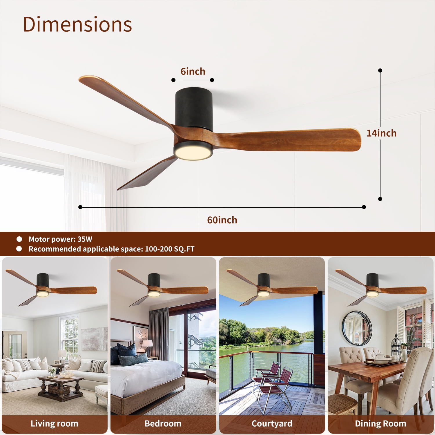 Lisonu 60" Indoor/Outdoor Ceiling Fan with LED Light & Remote, Modern Flush Mount Fan with Wood Blades, 6-Speed Reversible DC Motor for Patios & Bedrooms, White