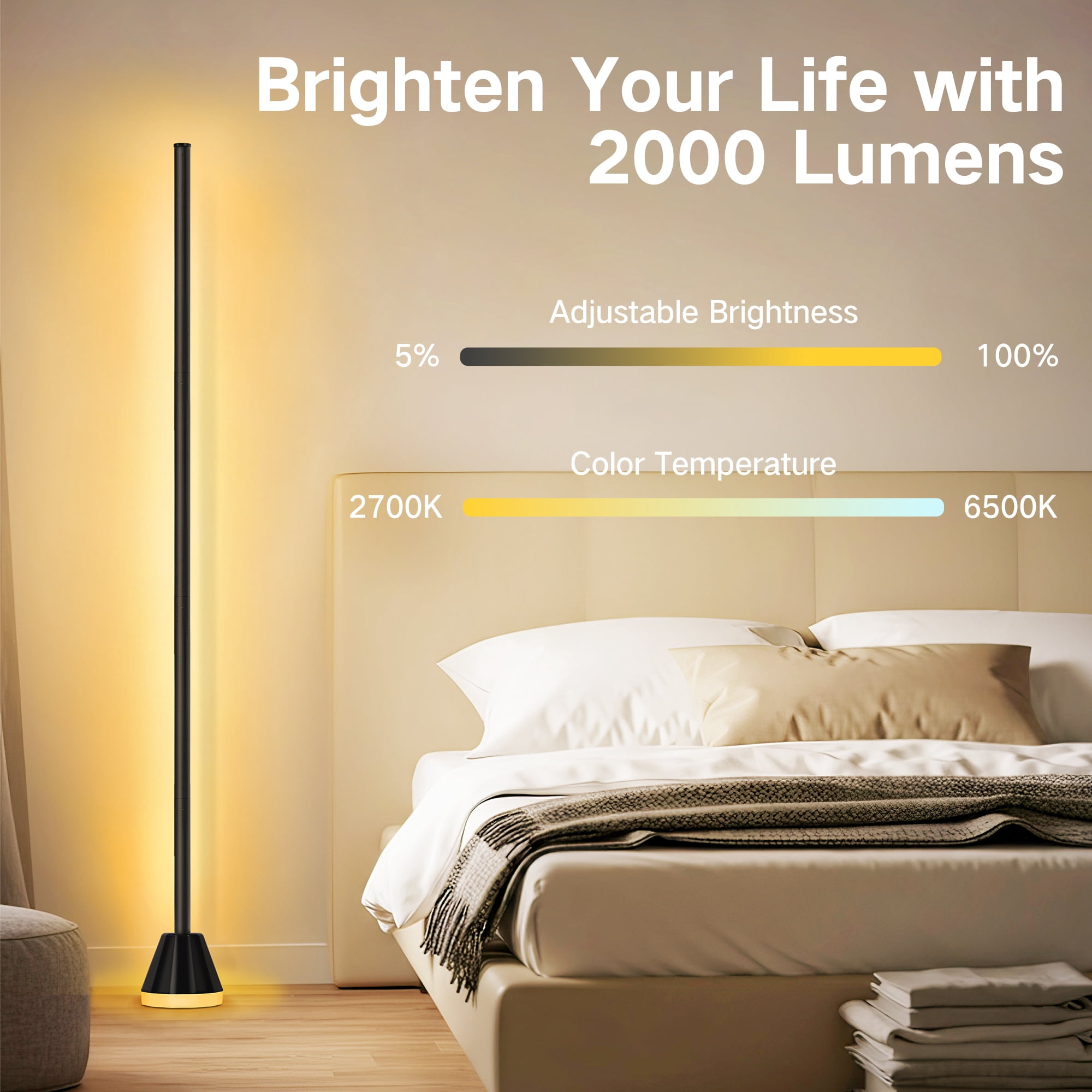 OUTON  2 Pack Smart RGB LED Corner Floor Lamp, Modern Standing Lamps with APP & Remote Control, 16 Million Colors 2000LM Bright Ambient Lighting, Music Sync for Living Room Bedroom