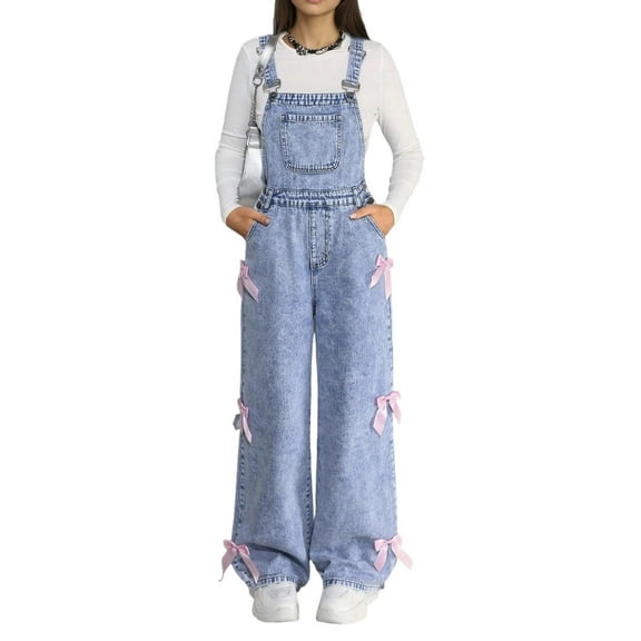 Girls Pants Girls Denim Overalls Snowflake Washed Wide Leg Jumpsuit With Bow Casual Fashion For Girls