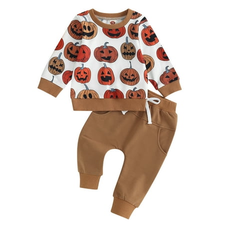 

Kids Baby Boys Fall Outfits Set Pumpkin Print Long Sleeve Sweatshirts and Pants 2Pcs Halloween Clothes Suit