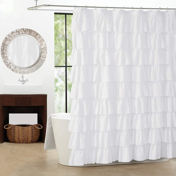 Cortina de ducha con volantes blancos - Tela de estilo rústico para baño, 180 x 180 cm, textura de moda, tela de doble capa, no se transparenta.