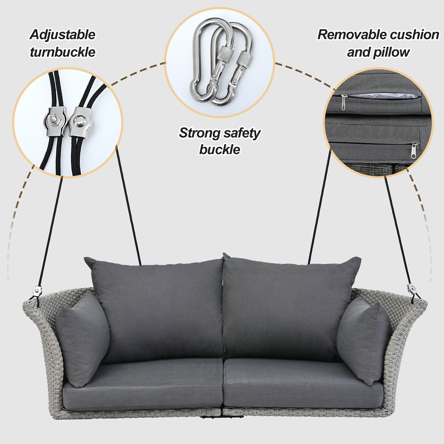 Kadyn 51.9" 2-Person Hanging Seat, Rattan Woven Swing Chair with Ropes, Gray Wicker and Cushion, Porch Swing Chair for Outdoor, Gray Kadyn 51.9" 2-Person Hanging Seat, Rattan Woven Swing Chair with Ropes, Gray Wicker and Cushion, Porch Swing Chair for Outdoor, Gray