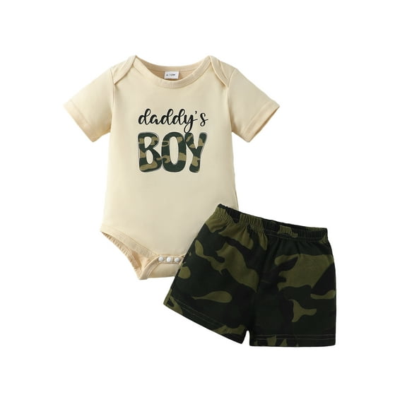 Kucnuzki Newborn Baby Boys Summer Outfits 3-6 Months Casual Clothing Sets Short Sleeves Letter Print Romper Top Camouflage Print Shorts Sets 2pcs Apricot
