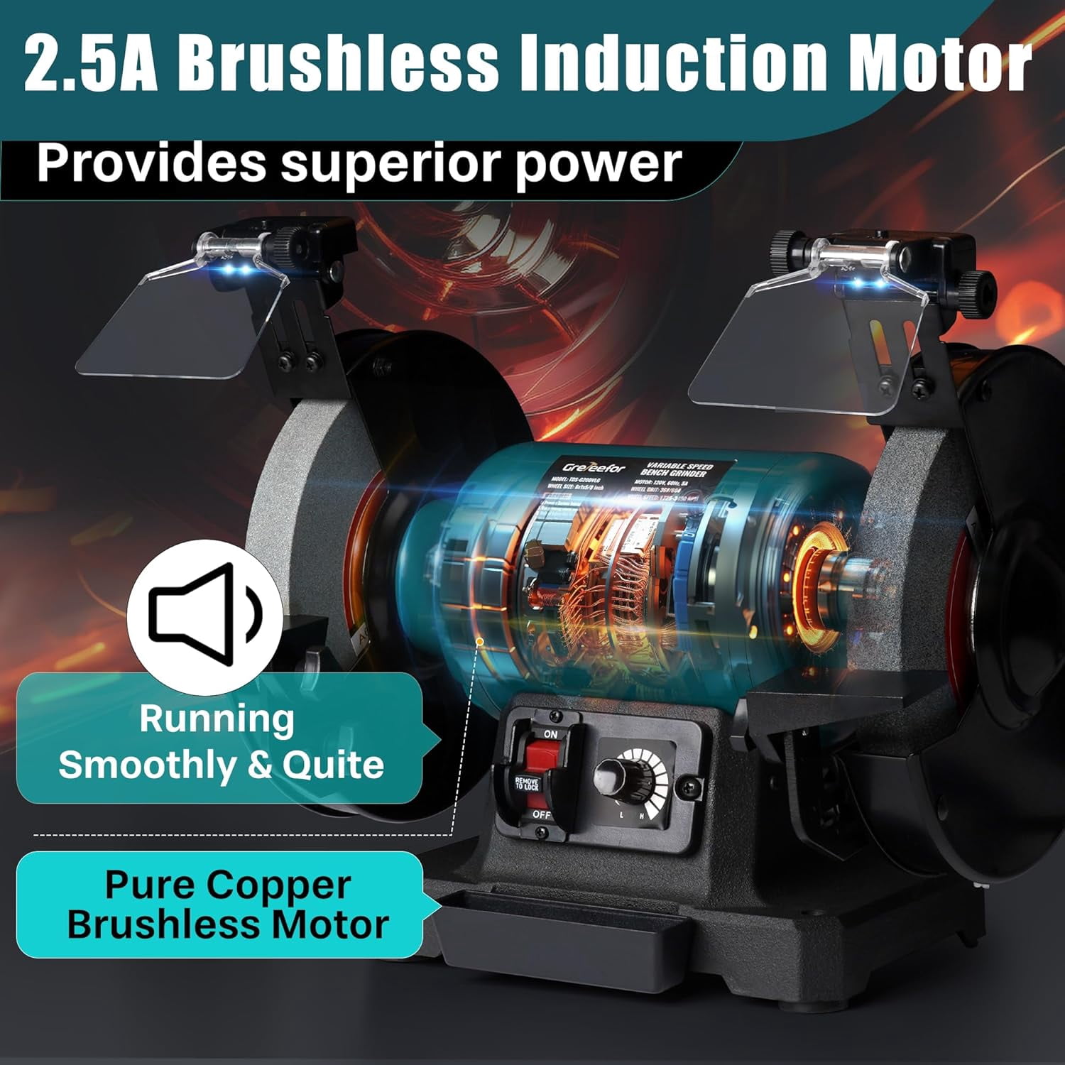 6-Inch Variable Speed Bench Grinder with Grinding Wheel Dresser, 1725–3450 RPM 2.5 Amp Brushless Induction Motor for Sharpening, Grinding & Polishing