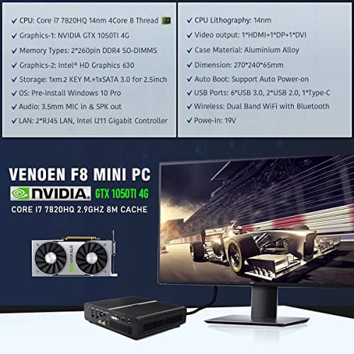 VENOEN Turbo Cooler Mini PC,Gaming Computer with Discrete Graphics,Quad  Core i7 7820HK,16GB DDR4 RAM 512GB NVME SSD,HD-MI,DP,DVI,WiFi 6 AC,Desktop 