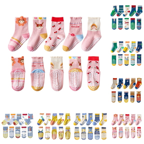 Ferjadq Kids Boys Girls 5PC Cute Cartoon Non Slip Grip Crew Socks Multi Pack Baby Children Floor Socks A,6-8 Years