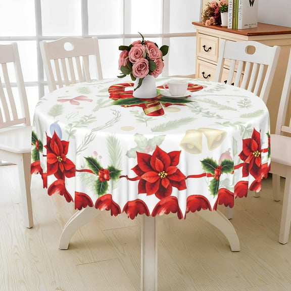 Nanqianyi Christmas Round Tablecloth 70 inch, Blooming Red Flowers Xmas Candy Berry Printed Washable Table Cloths for Kitchen Festive Decor