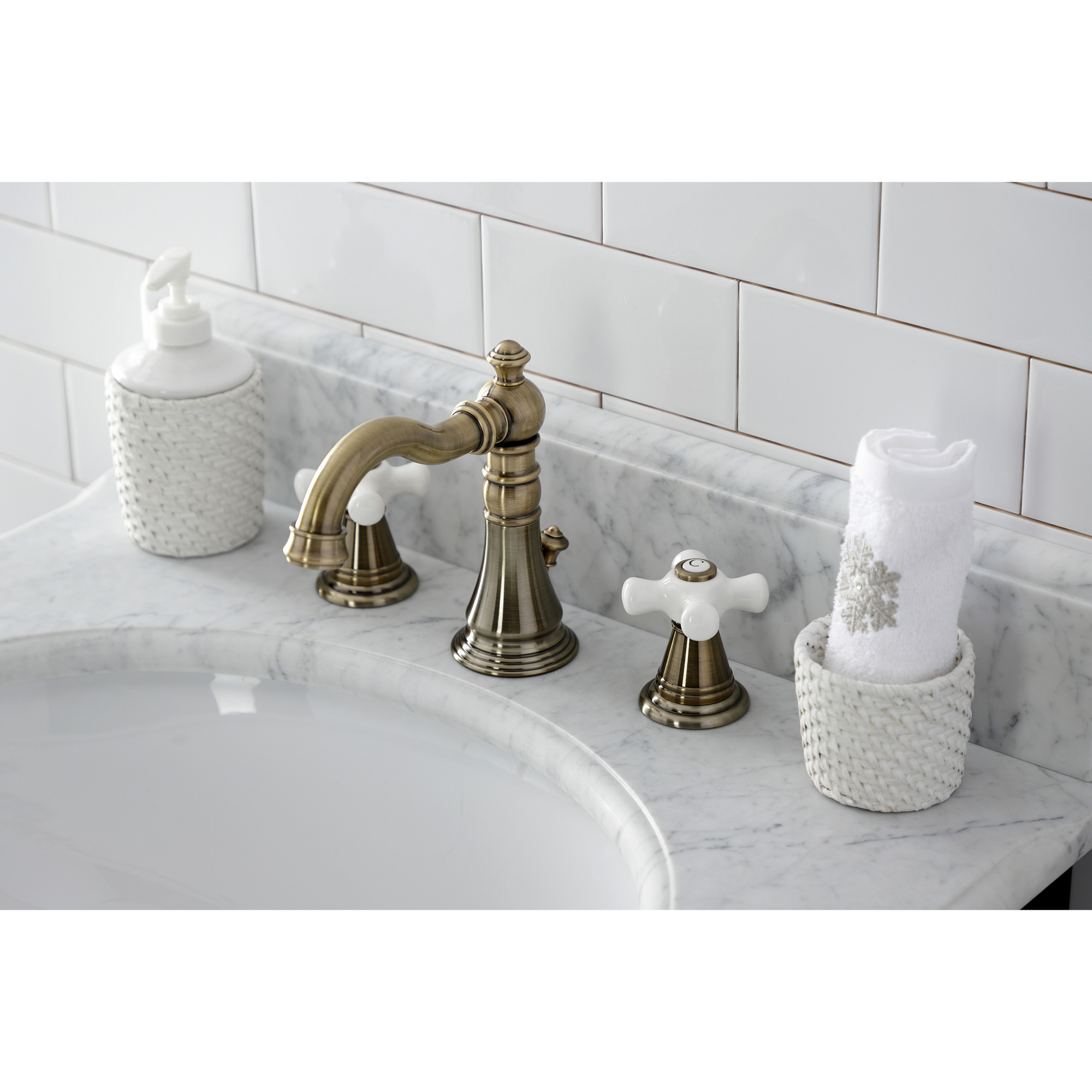 Kingston Brass FSC19733APX American Classic Widespread Bathroom Faucet with Brass Pop-Up, Antique Brass