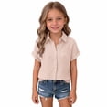 thumbnail image 2 of Girls Linen Shirts Short Sleeve Button Down Collared Dress Shirt for Teen Summer Plain Lightweight Breathable Lapel Tops,Pink,7-8 Years, 2 of 6