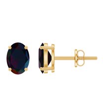 Rosec Jewels Solitaire Stud Earrings with Oval Shaped Black Opal for Women - 5X7 mm - 1.75 CT, 14K Yellow Gold
