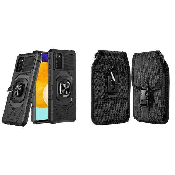 Case with Belt Holster Bundle for Samsung Galaxy A03s: Heavy Duty Series Protection Cover (Black) and Vertical Nylon Buckle Phone Pouch