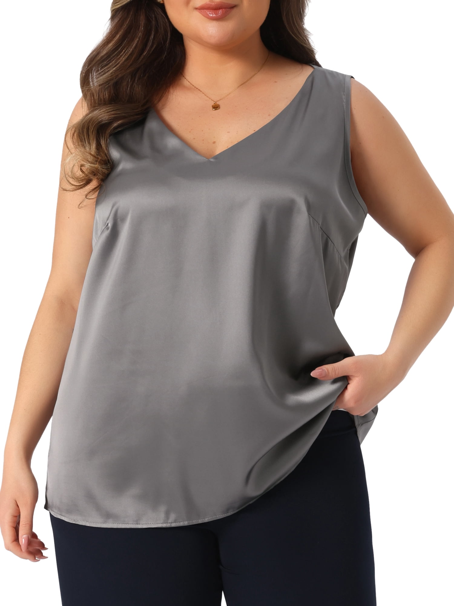 DARING DIVA Women's Plus Casual Silk Satin Tank Top V Neck Cami Blouse 4X Grey
