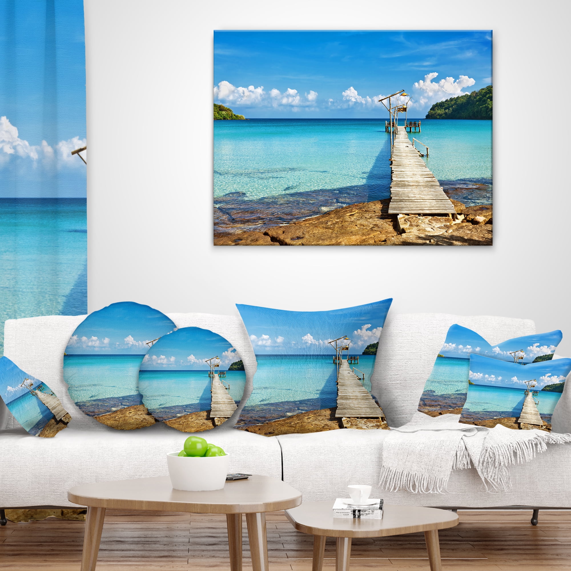 Designart Old Wooden Pier in Sea - Seascape Throw Pillow - 18x18
